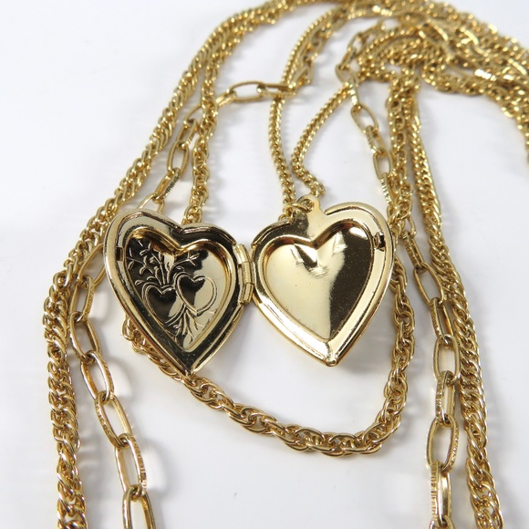 Heart Locket Necklace, Multi Chain, Gold, Gift - Picture 3 of 6